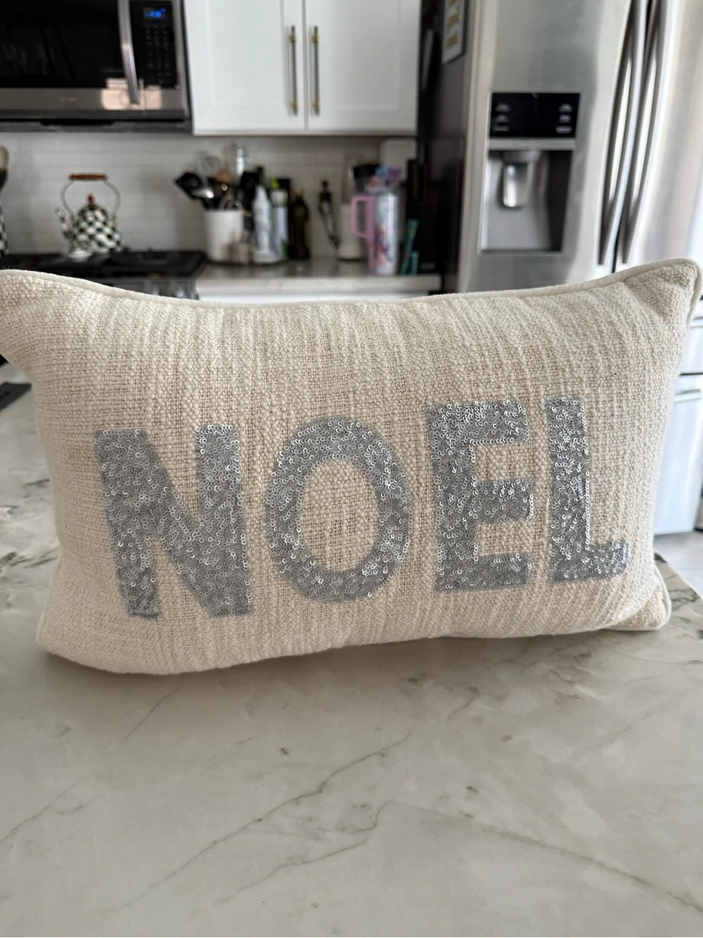 Holiday Noel Sequin Accent Pillow - Cream and silver